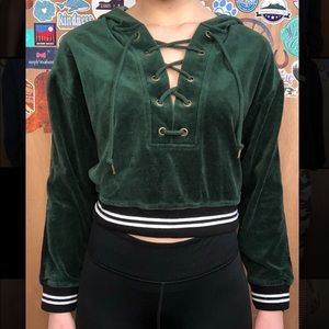 Velvet dark green lace up cropped sweatshirt